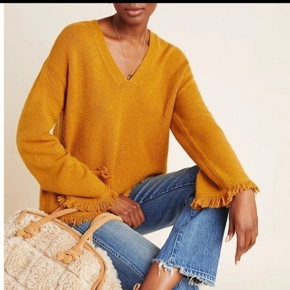 Anthropologie joy fringed Wool Alpaca mustard sweater - Picture 1 of 12